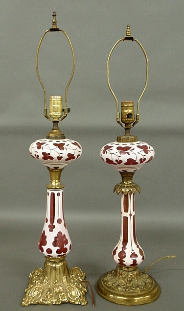 Appraisal: - Two similar white-cut-to-cranberry glass table lamps h to top