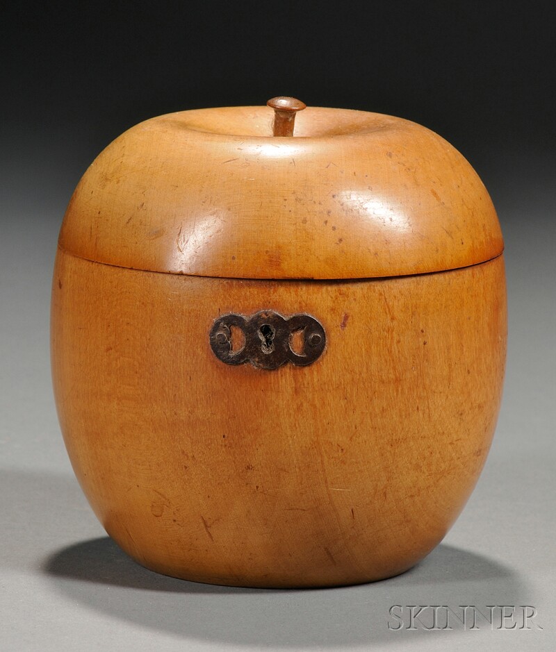 Appraisal: Turned Fruitwood Apple-form Tea Caddy England early th century with