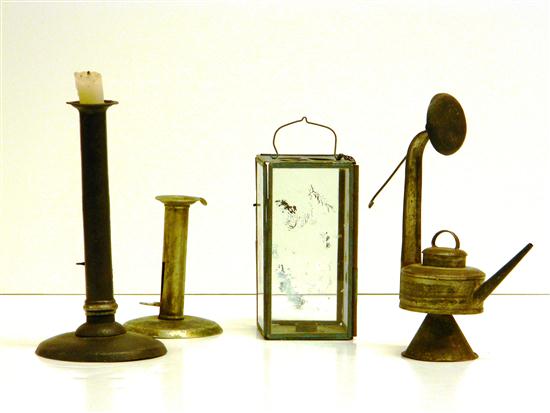 Appraisal: Tin fluid lamp and folding lantern with decorated glass and