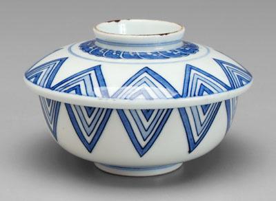 Appraisal: Japanese lidded bowl blue and white Arita ware geometric and