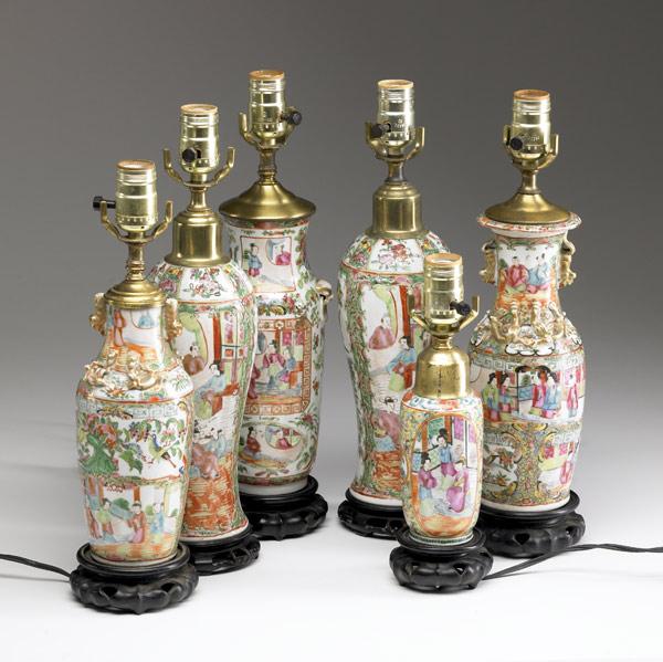 Appraisal: CHINESE EXPORT Six Rose Medallion vases converted to lamps th