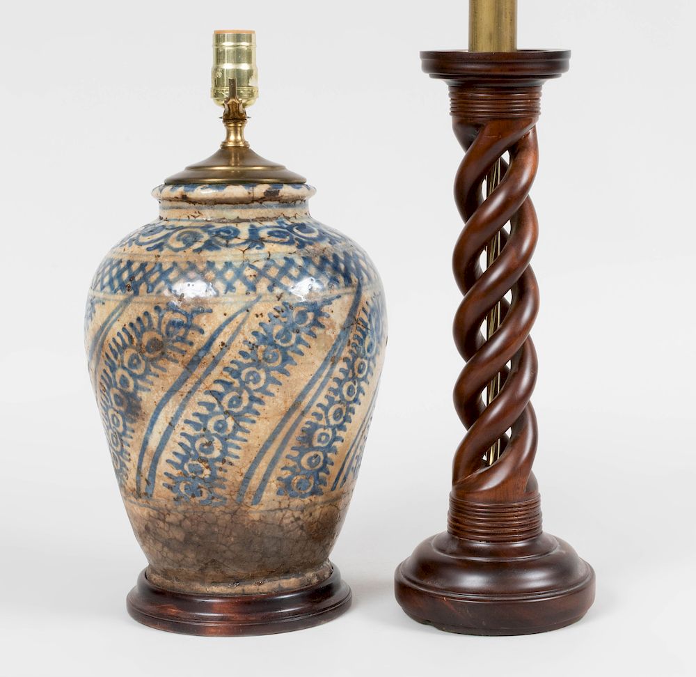 Appraisal: Persian Pottery Vase Mounted as a Lamp and a Turned