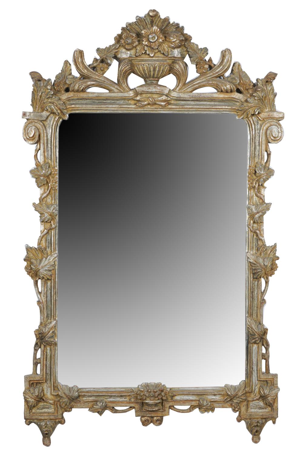 Appraisal: NEOCLASSIC-STYLE SILVER-PAINTED CARVED WOOD MIRRORsecond half th century Condition losses