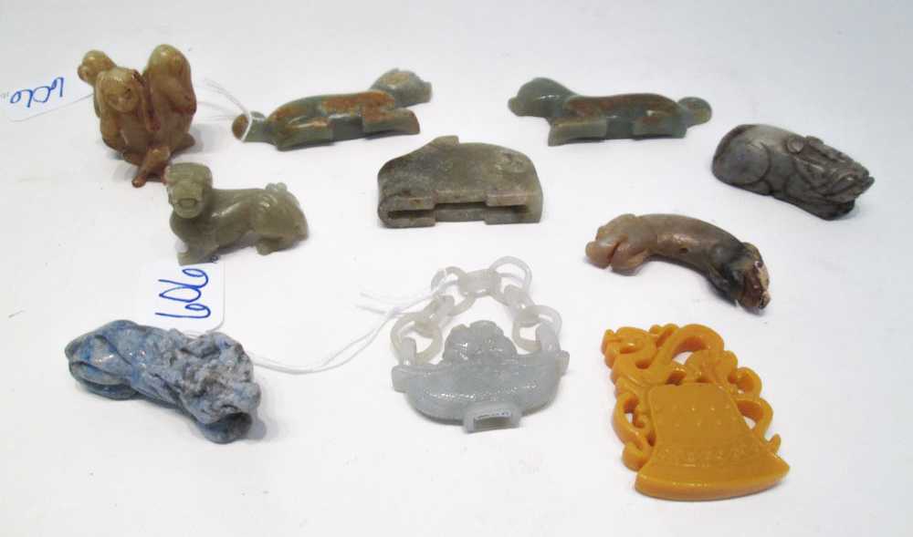 Appraisal: TEN CHINESE HARDSTONE AND JADE CARVINGS various forms colors and