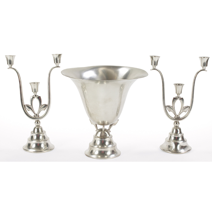 Appraisal: Noble console set pewter candlesticks and footed compote stamped ''Noblepewter''