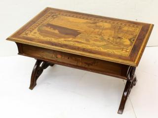 Appraisal: Vintage Marquetry The top with an elaborate burned-in scene made