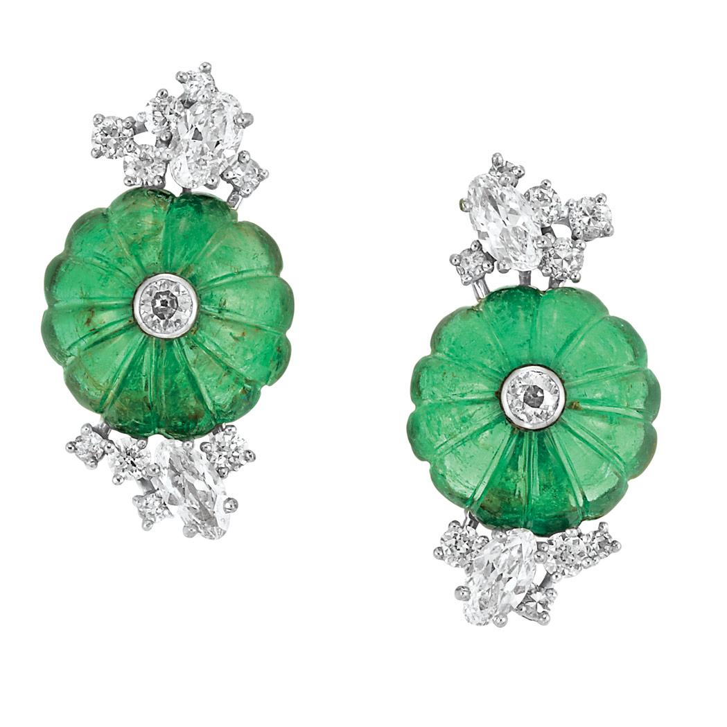 Appraisal: Pair of Platinum Carved Emerald and Diamond Earclips Chaumet kt