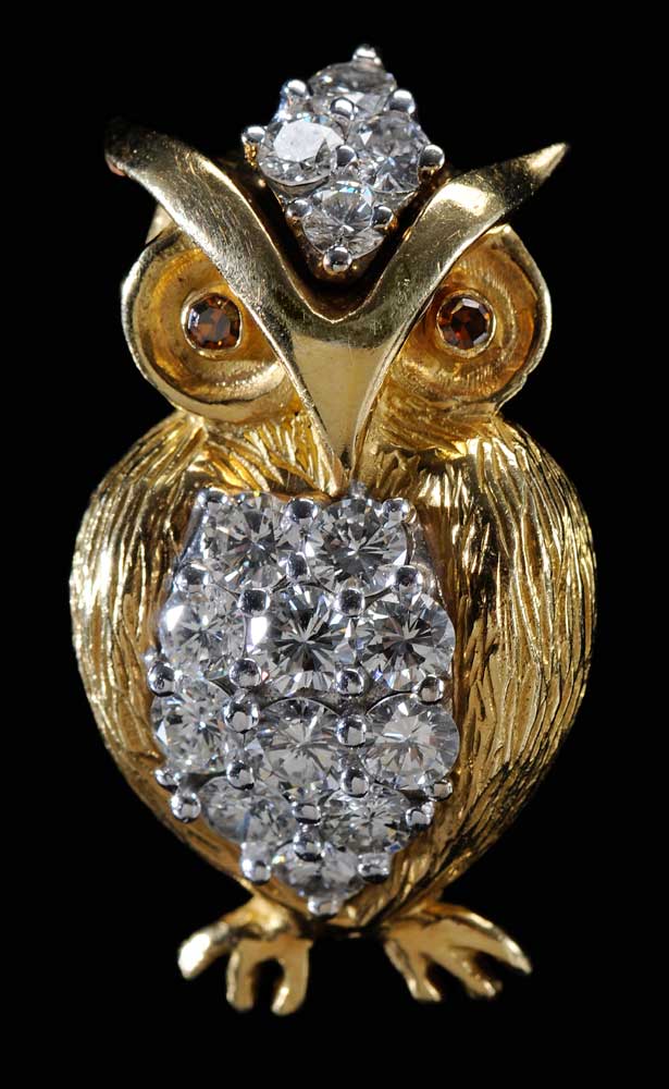 Appraisal: Diamond Gold and Platinum Owl round full-cut diamonds total estimated