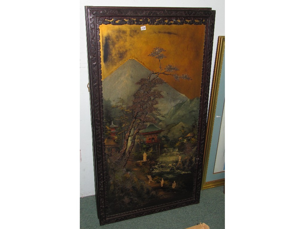 Appraisal: Pair of Japanese wall panels depicting figures and pagodas