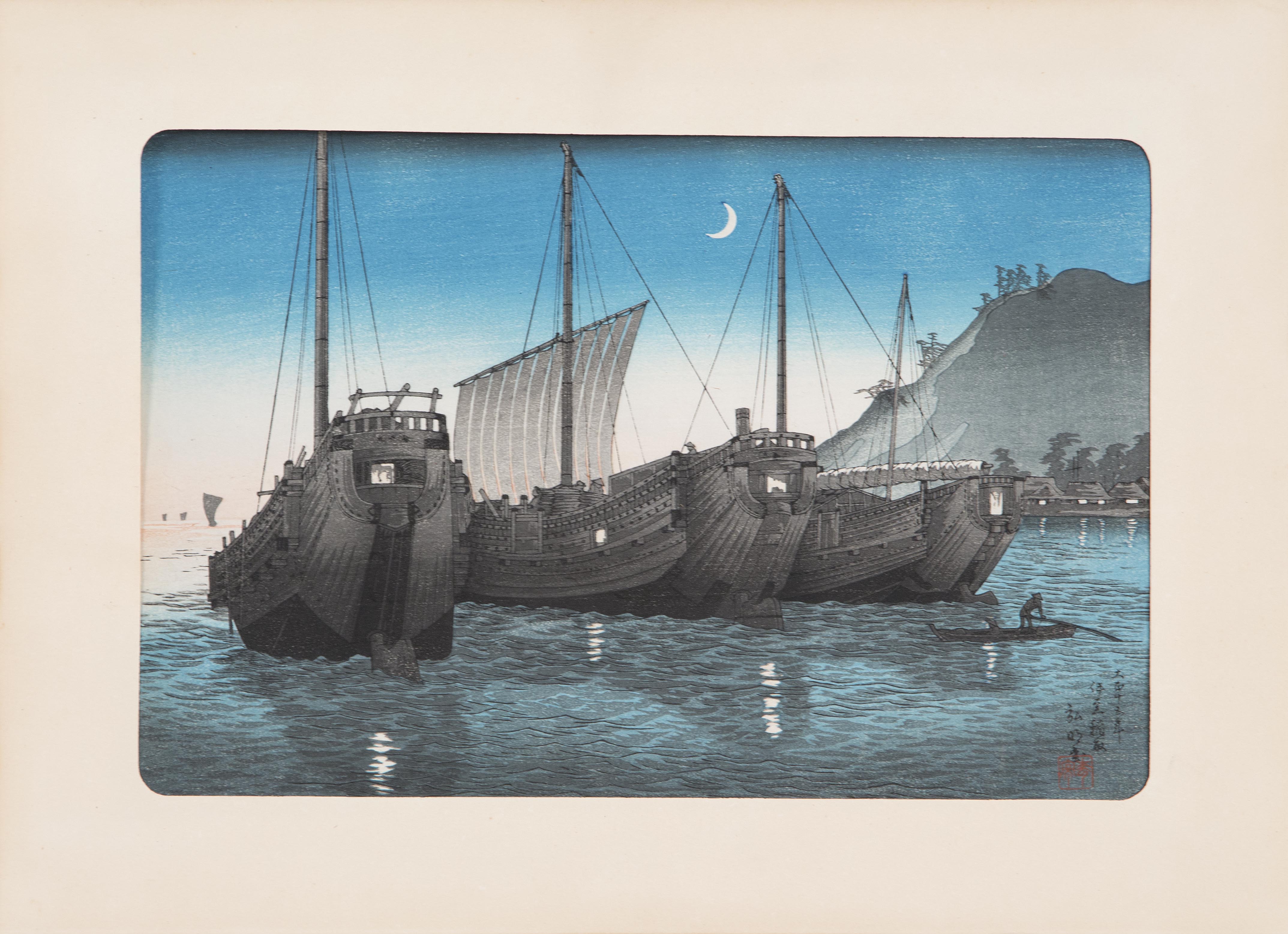 Appraisal: HIROAKI Oban yoko-eShipping in a harbor under moonlight Framed ConditionUndamaged