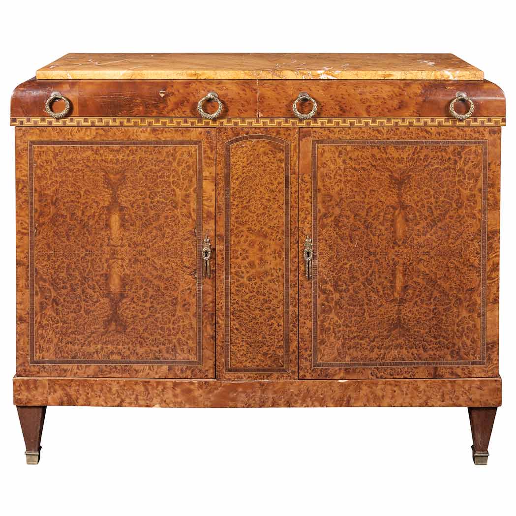 Appraisal: Art Deco Inlaid Burr Walnut Side Cabinet The rectangular mottled