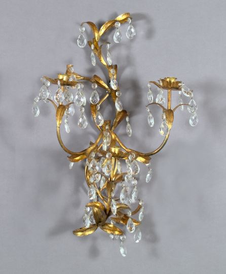 Appraisal: Large Pair of Italian Gilt-Wrought-Iron and Cut Glass Tiered Three-Light