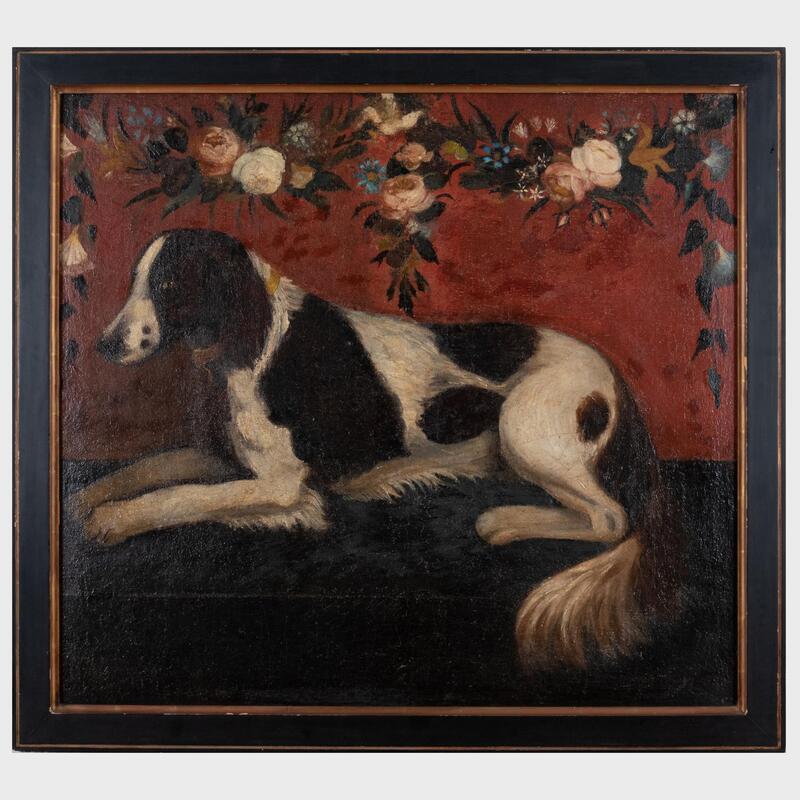 Appraisal: European School Seated Dog with a Flower Garland Above Oil