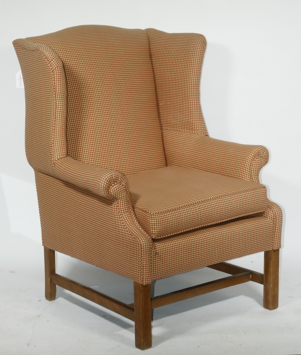 Appraisal: UPHOLSTERED CUSTOM WING CHAIR Newly upholstered custom wing chair with