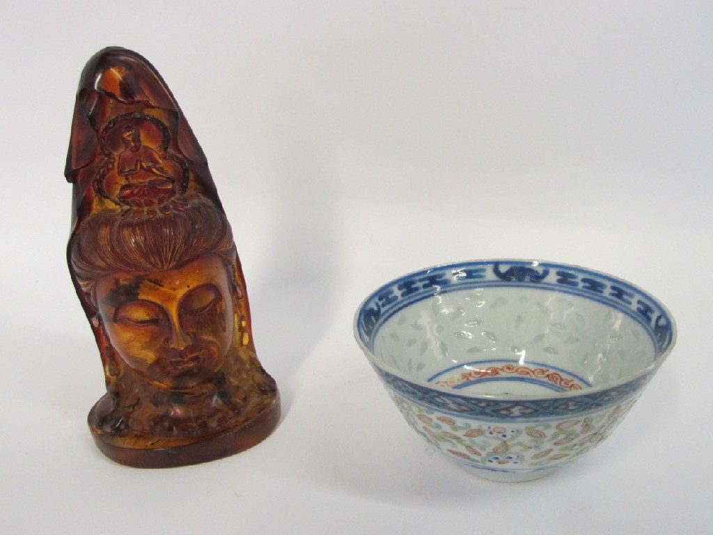 Appraisal: Carved head of a goddess and a rice ware bowl