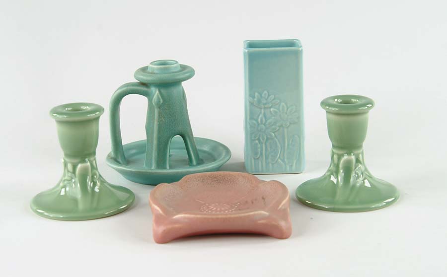 Appraisal: FIVE PIECES OF ROOKWOOD POTTERY Small Rookwood bud vase aqua