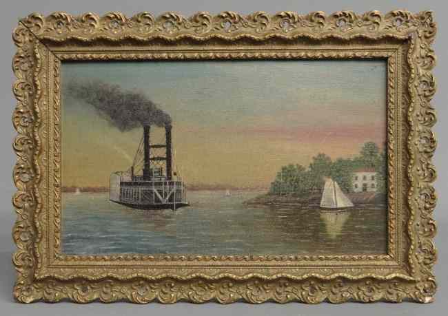 Appraisal: th c oil on artist board Paddlewheeler and Colonial house