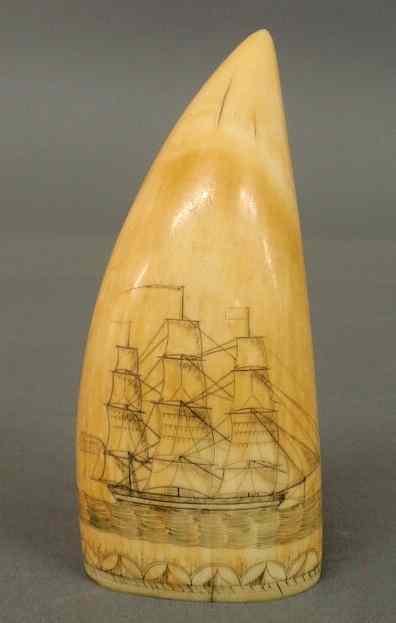 Appraisal: Ivory whale's tooth scrimshaw mid- th c with an American