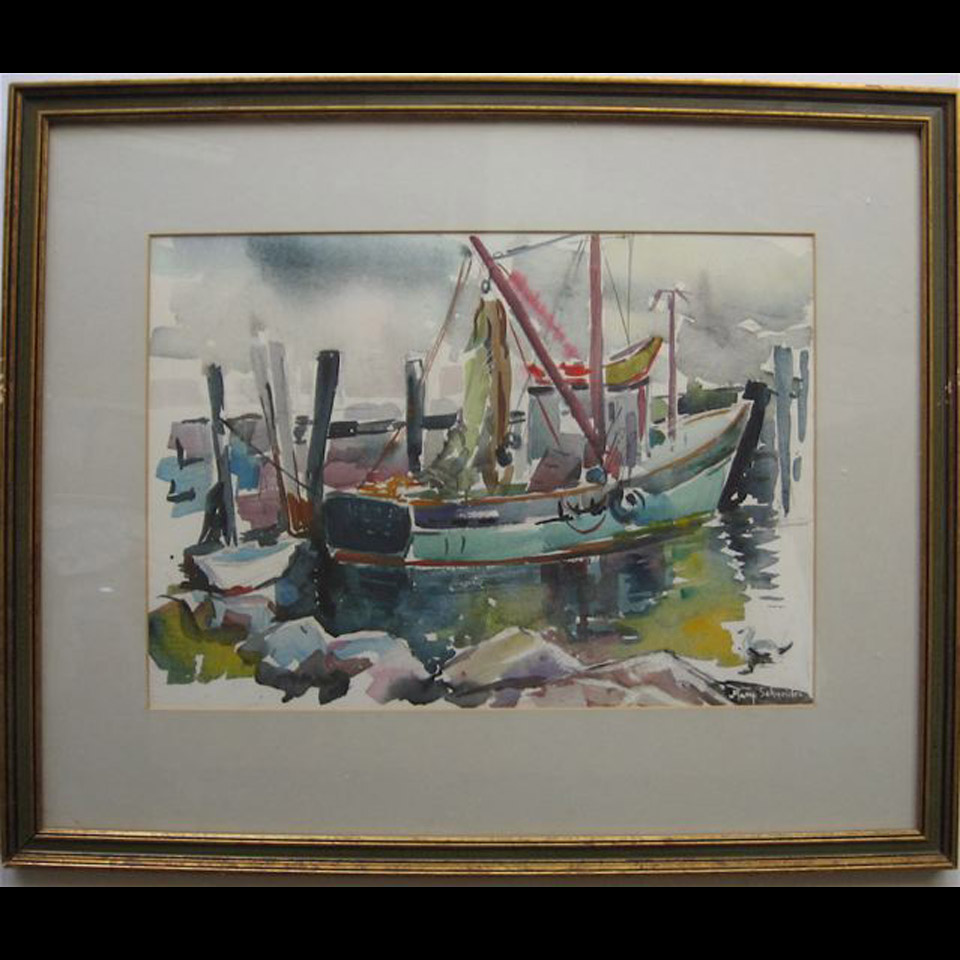 Appraisal: FISHING BOATS LAKE SCENE MARY SCHNEIDER - CANADIAN TWO WATERCOLOURS