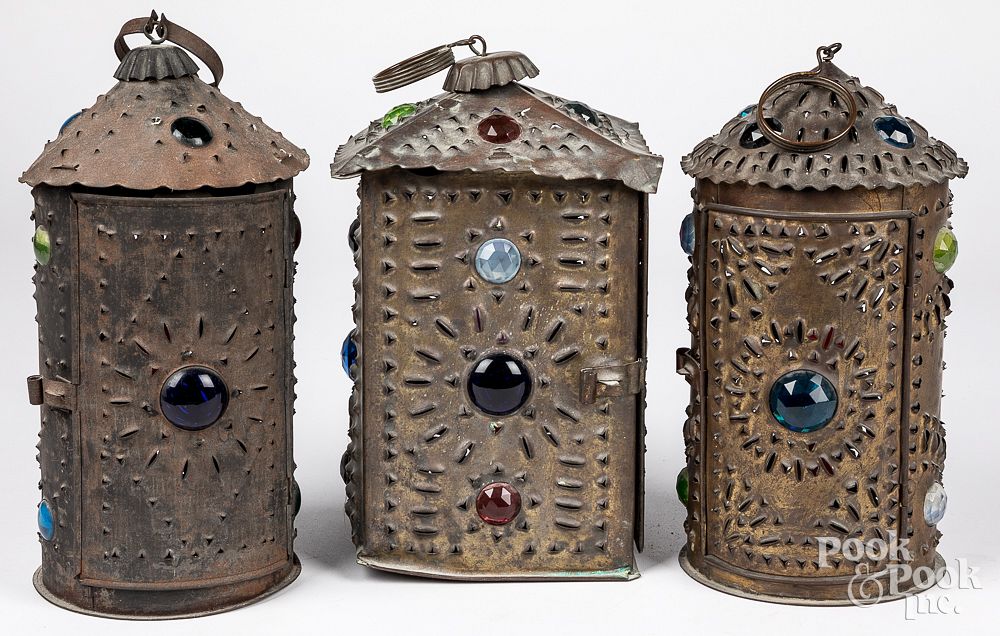 Appraisal: Three Bradley Hubbard punched jeweled lantern Three Bradley Hubbard punched