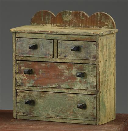 Appraisal: Painted miniature pine chest of drawers th century With scalloped