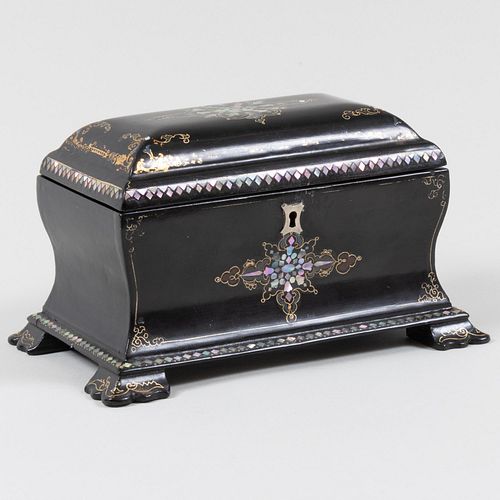 Appraisal: VICTORIAN BLACK PAINTED PAPIER MACHE AND MOTHER-OF-PEARL TEA CADDY x