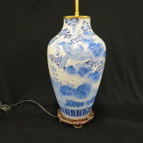 Appraisal: Chinese Blue White Porcelain Lamp bird foliage body