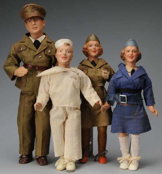 Appraisal: Complete Set of Freundlich WWII Military Dolls Description American s