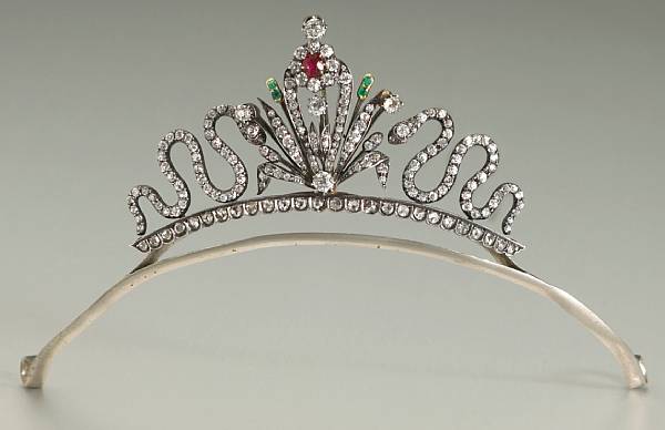 Appraisal: A diamond ruby emerald convertible tiara centering a floral motif