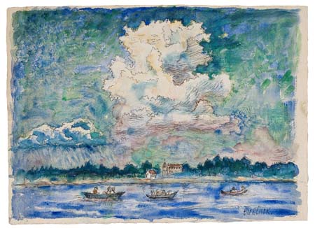 Appraisal: DAVID BURLIUK Coastal Scene with Boats and Clouds Watercolor and