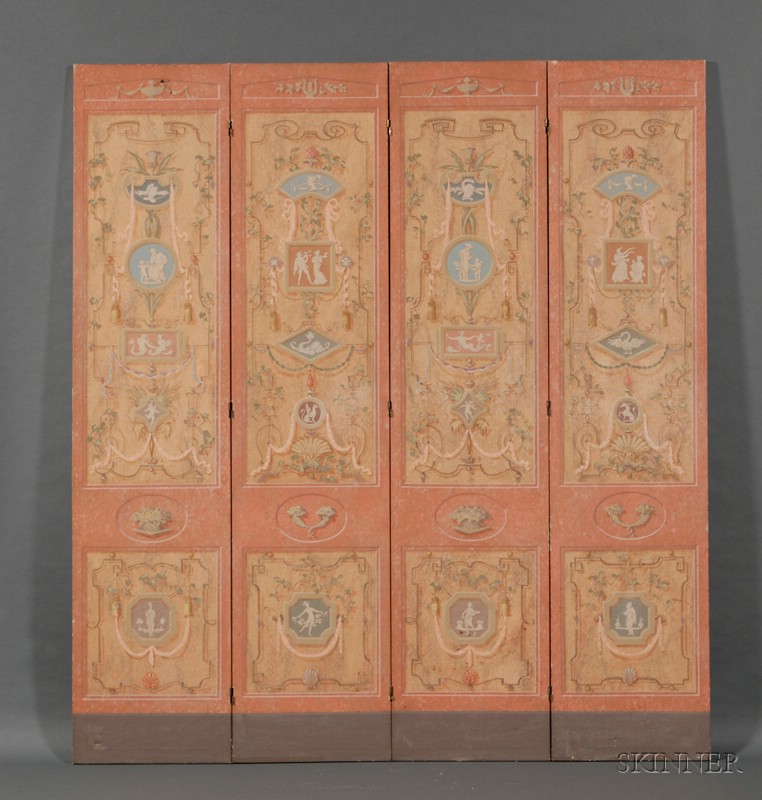 Appraisal: Neoclassical-style Painted Canvas Four-Panel Folding Floor Screen th century each