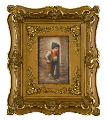 Appraisal: German porcelain plaque of a school boy late th century