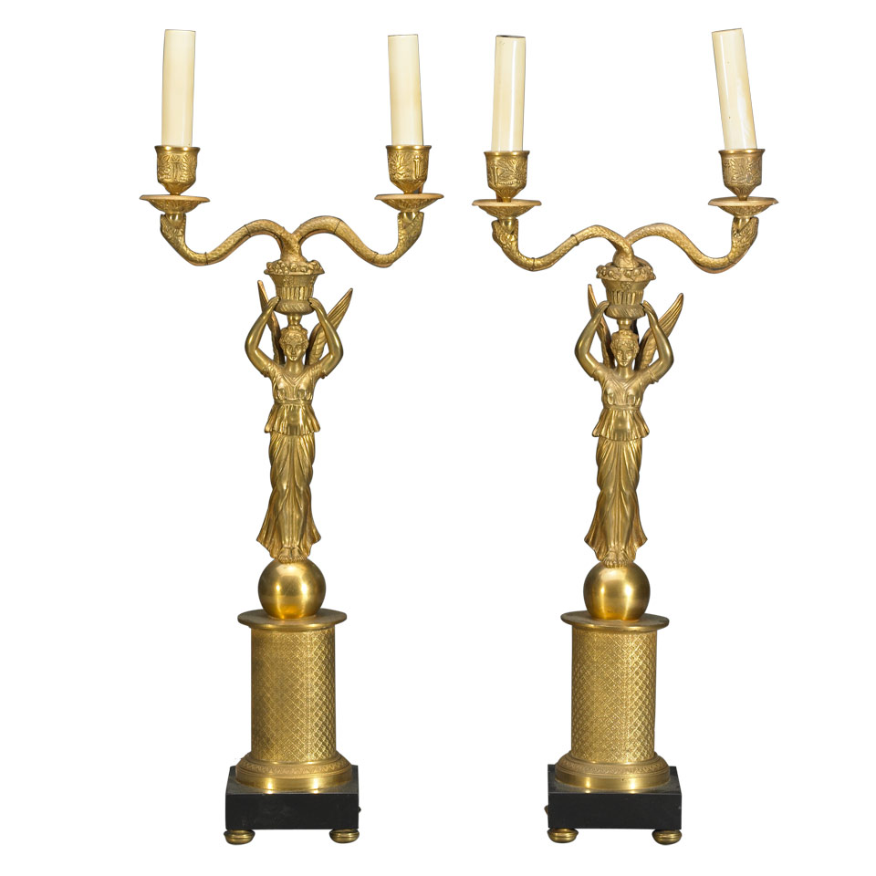 Appraisal: Pair French Restauration Style Gilt Bronze Figural Two Light Candelabra