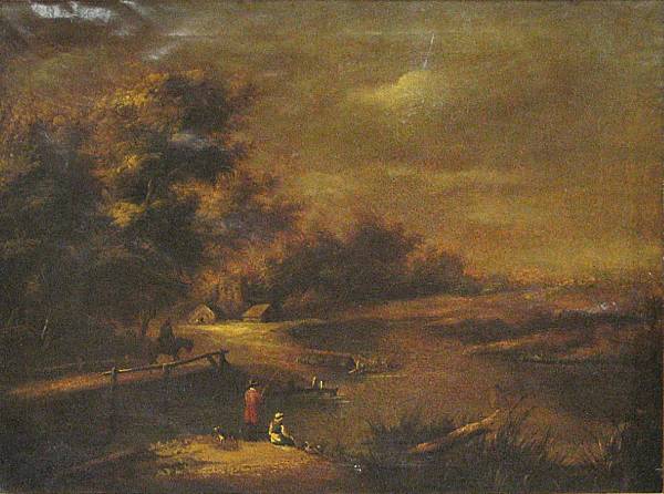 Appraisal: English School Figures fishing on the bank of a river