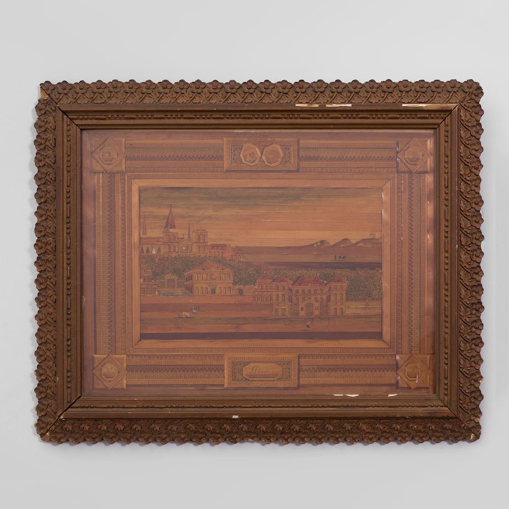 Appraisal: French Straw Marquetry Cityscape The upper boarder with a monogram