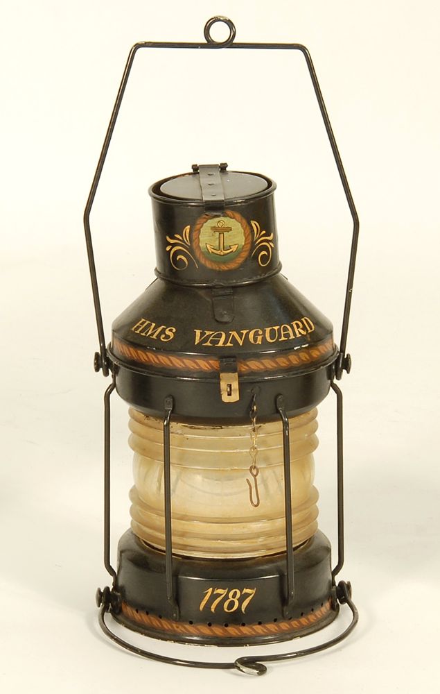 Appraisal: SHIP'S LANTERN th CenturyWith Fresnel lens Painted black with decoration