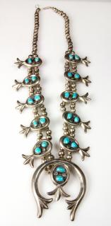 Appraisal: Native American turquoise and silver squash blossom necklace Native American