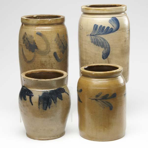 Appraisal: STONEWARE CROCKS Four pieces each with blue decoration Chips to