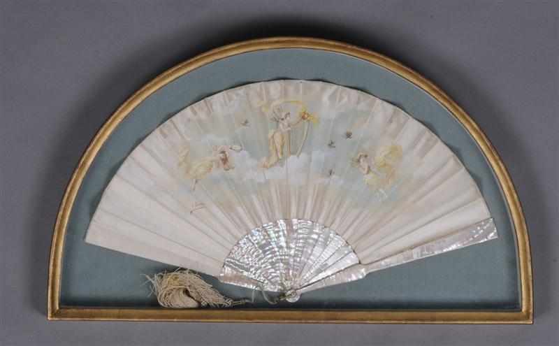 Appraisal: FRENCH WATERCOLOR ON SILK FAN Signed I Derber showing three