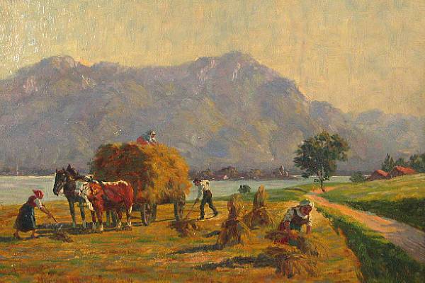 Appraisal: A Sachs Haying near the Chiemsee Switzerland signed inscribed and