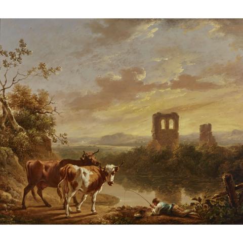 Appraisal: Attributed to Aelbert Cuyp - YOUNG HERDER FISHING NEAR RUINS