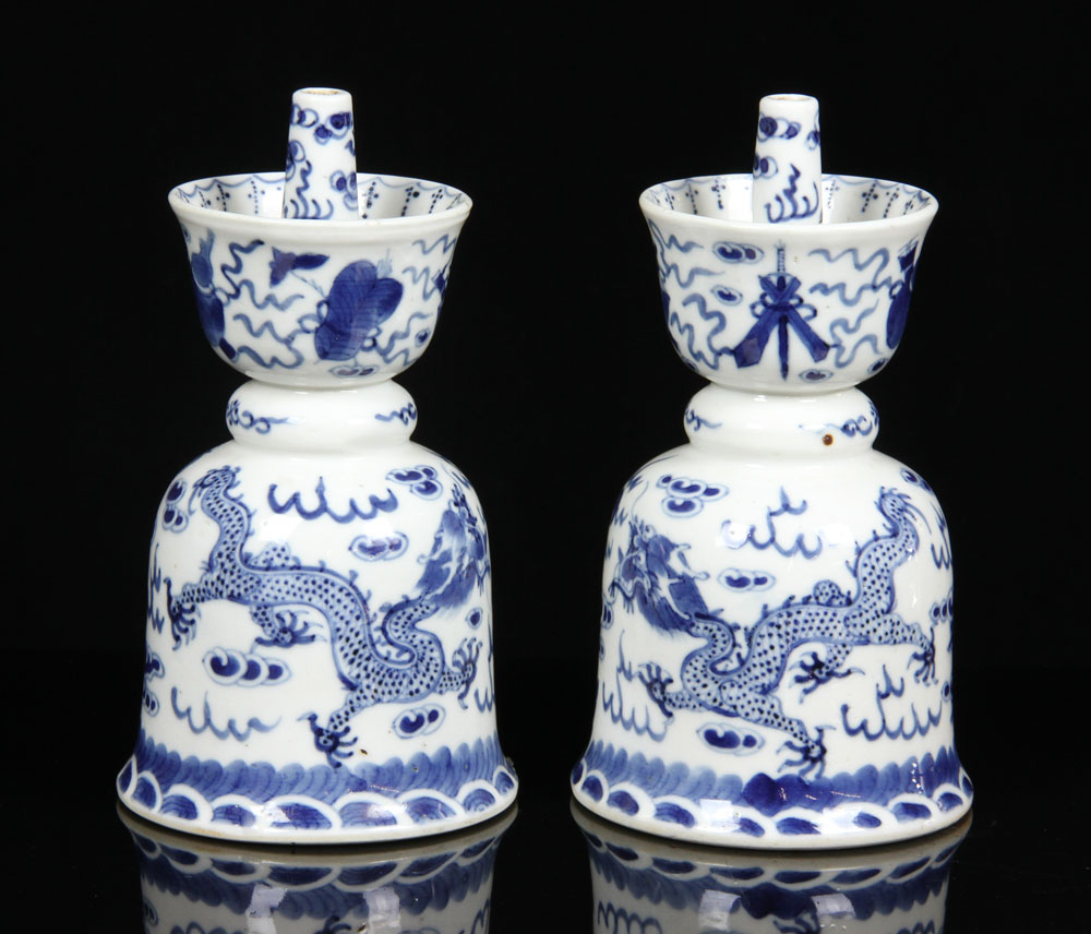 Appraisal: - Pr Chinese Blue and White Candlesticks Pair of th