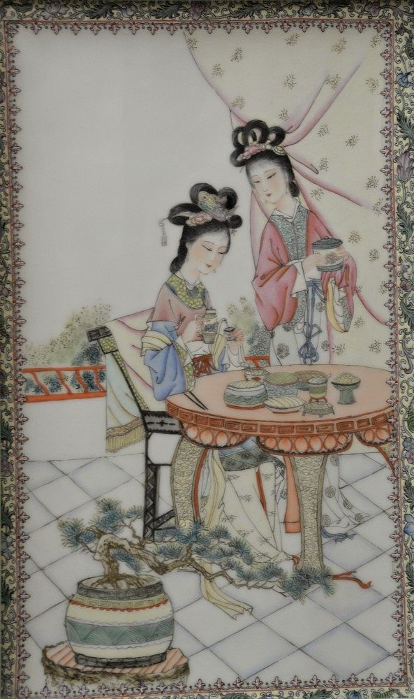 Appraisal: Pair of Chinese Painted Porcelain Tiles one having two women