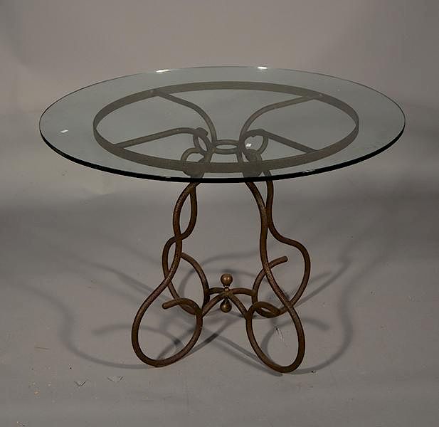 Appraisal: Iron Glass Breakfast Table Wrought iron and glass top breakfast