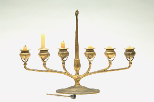 Appraisal: TIFFANY STUDIOS Bronze six-light candelabrum with original snuffer in fitted