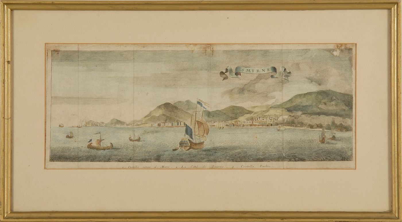 Appraisal: FRAMED COLORED ENGRAVING PORT OF SMIRNE ITALY th CenturyWith galleon