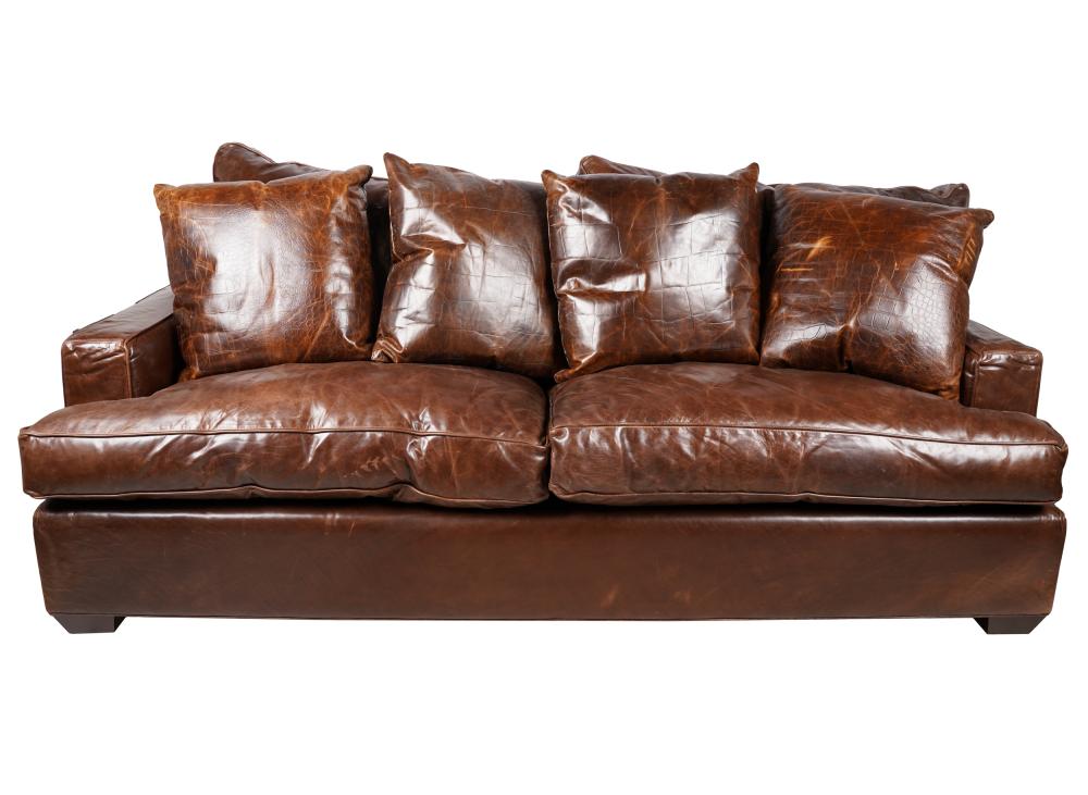 Appraisal: BARCLAY BUTERA BROWN LEATHER SOFAwith label with four throw pillows