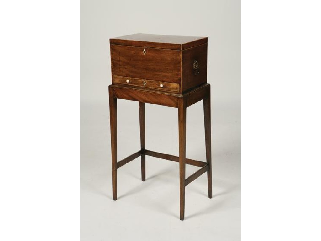 Appraisal: A GEORGE III MAHOGANY WORKBOX ON STAND the rectangular top