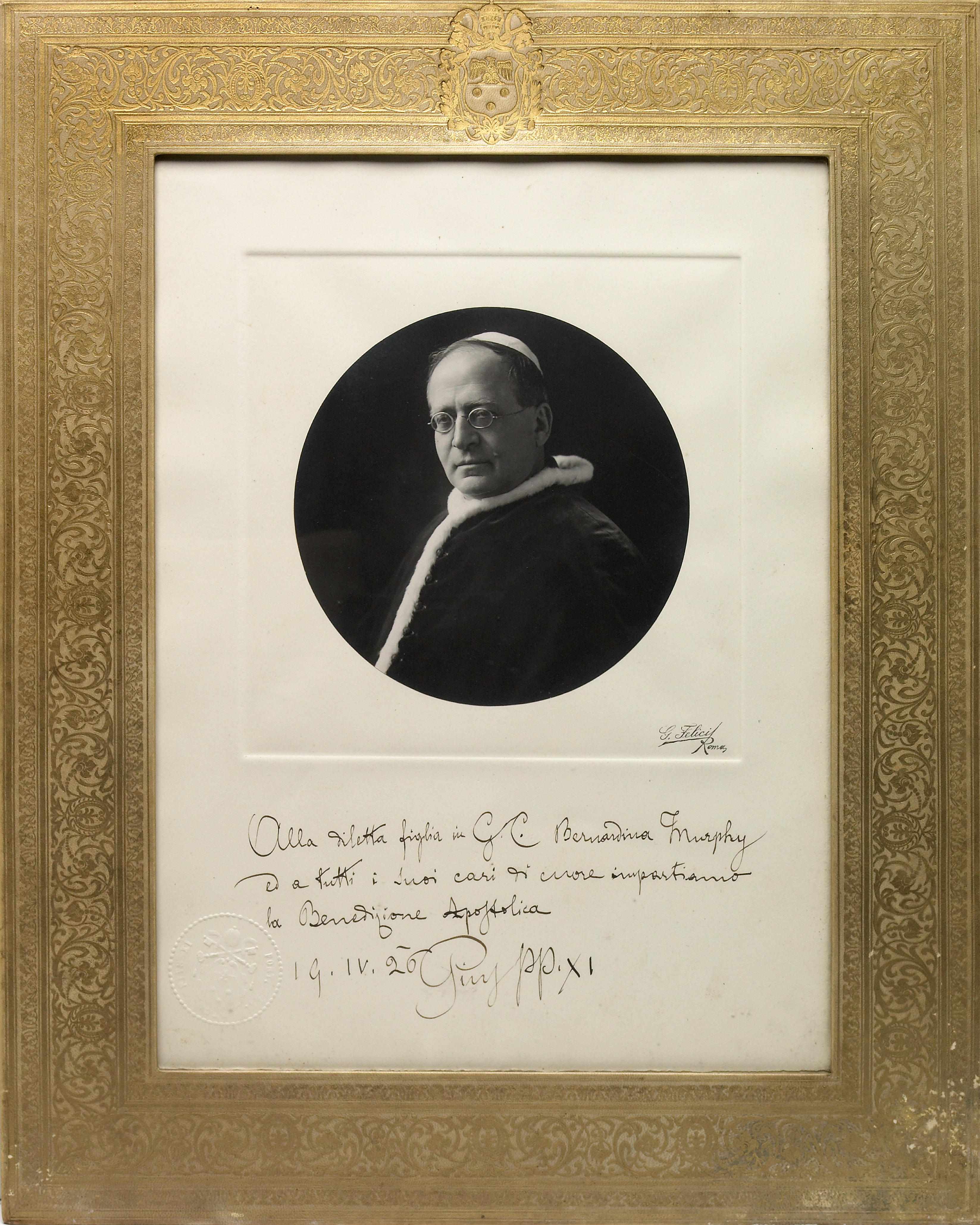 Appraisal: Pius XI - Photograph Signed and Inscribed ''Pius XI'' silver