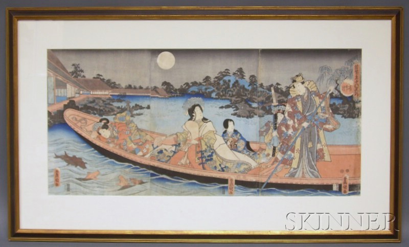 Appraisal: Toyokuni III Viewing Carp from a Pleasure Boat under a